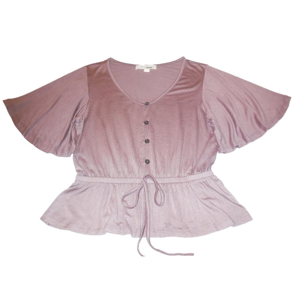 Blouse NEW short flared sleeve summer Top Knit button-down Shirt Cotton mauve